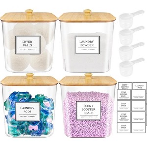 Clear Laundry Pods Storage Container with Wooden Lids & Labels, Detergent Powder Container for Laundry Room Organization - 1 of 4