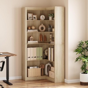 71.8" Black Corner Bookcase, Farmhouse L-Shaped 5-Tier Bookshelf with Storage - 1 of 4