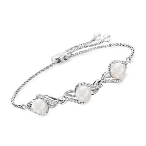 Ross-Simons 7-7.5mm Cultured Pearl and .40 ct. t.w. White Topaz Bolo Bracelet in Sterling Silver Size - 1 of 4