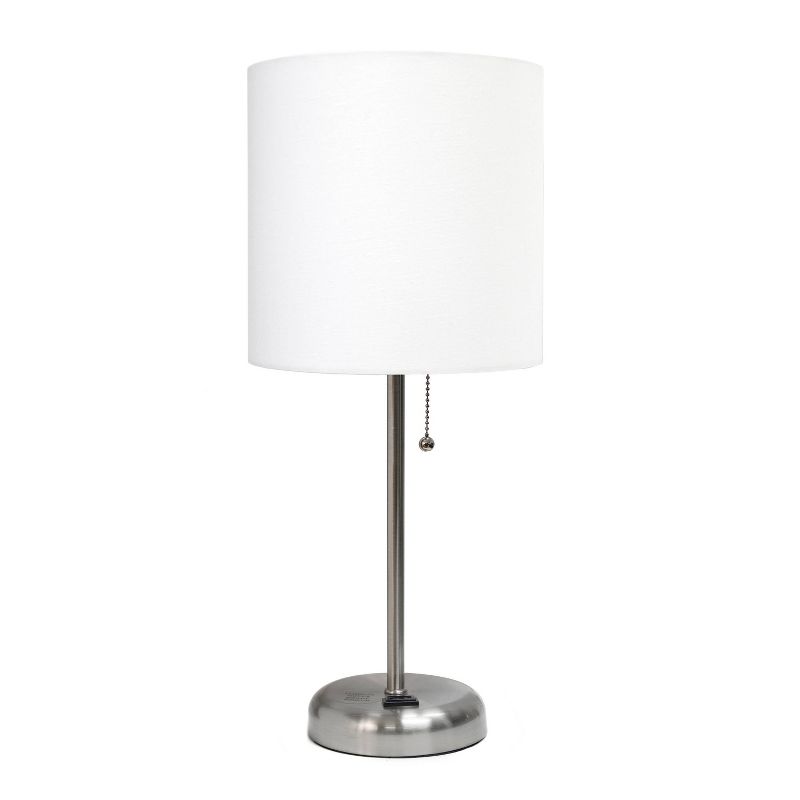 19.5" Bedside Power Outlet Base Metal Table Desk Lamp Brushed Steel with Fabric Shade - Creekwood Home, 1 of 10
