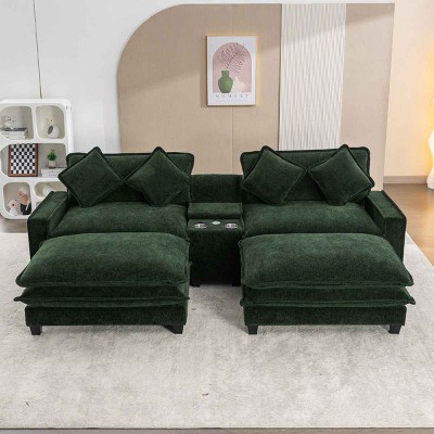 Sectional Sofa with 2 Ottomans, Sofa with USB Ports and Cup Holders and Storage Compartment, Chenille Couch with Plywood Frame-Cuddlewood