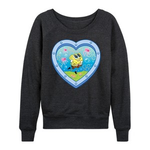 Women's Spongebob Squarepants Heart Porthole Window Lightweight French Terry Wide Neck Long Sleeve Graphic Shirt - Heather Charcoal - X-Large - 1 of 4