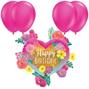 LoonBalloon 27 Inch Painted Flowers Birthday Balloon with 4 latex balloons - Festive & Colorful - 1 of 3