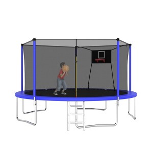 VisioGear 14FT Trampoline with Safety Enclosure Net, Trampoline with Basketball Hoop, Bule, 168"*168"*108" - 1 of 4