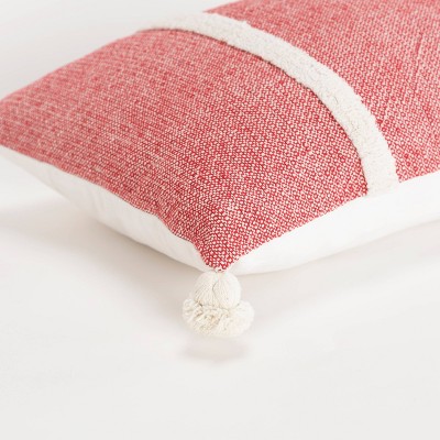Red and Off-White Cotton Canvas Lumbar Throw Pillow with Tassels