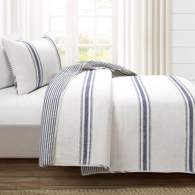 Navy and White Cotton King Reversible Quilt Set