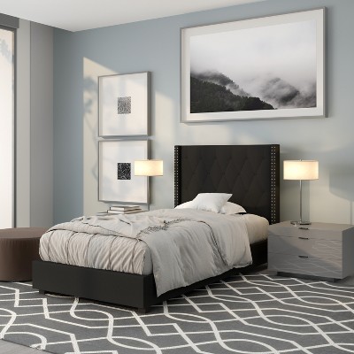 Riverdale Twin Black Upholstered Metal Platform Bed with Nailhead Trim