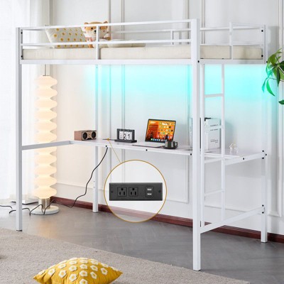 Karl Home White Twin Metal Loft Bed Frame with Wood Color Desk and LED Lights, Charging Station