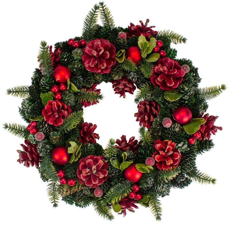 Northlight Red  Pine Cones and Ornaments Christmas Wreath, 13" - Unlit, 1 of 5