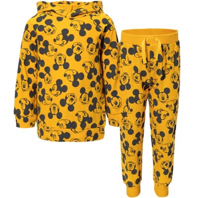 Image of Disney Mickey Mouse Infant Baby Boys French Terry Pullover Hoodie and Jogger Pants Set Yellow 12 Months