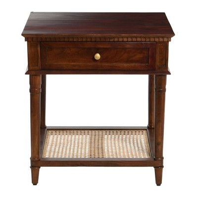 Dark Chestnut Solid Wood End Table with Cane Shelf and Drawer