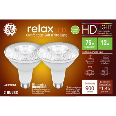 GE 2pk 75W Relax PAR30L LED Light Bulbs Soft White: 12W Dimmable, 900 Lumens, E26 Base, Suitable for Wet Locations