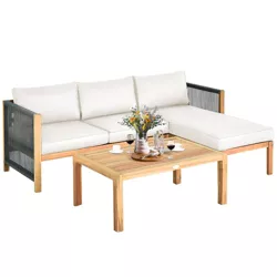 Tangkula 3PCS Patio Acacia Wood Sofa Furniture Set Thick Cushion W/ Nylon Rope Armrest White