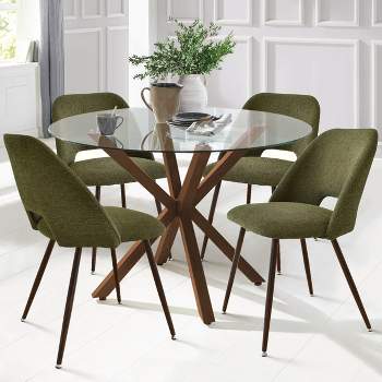 Oliver+Edwin 5-Piece Round Clear Glass Dining Table Set with 4 Upholstered Chairs Walnut Legs -The Pop Maison