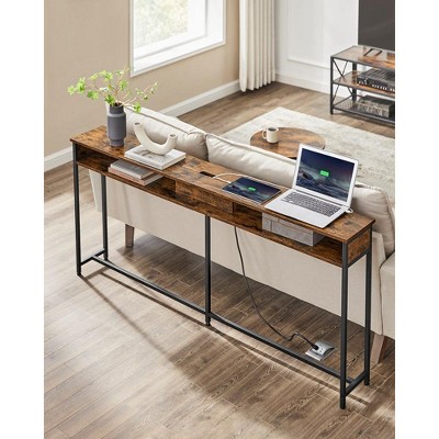 Rustic Brown and Black Console Table with Storage and Charging Ports
