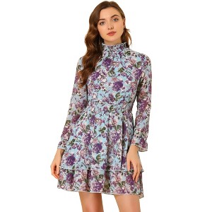 Allegra K Women's Floral Long Sleeve Mock Neck Ruffle Layered Smocked Mini Dress - 1 of 4