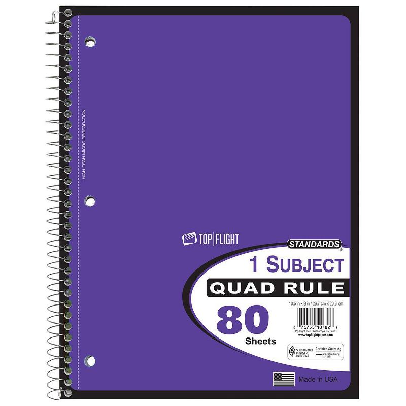 Top Flight 8&#34;x10.5&#34; 1 Subject Quad Ruled Spiral Notebook, 2 of 8