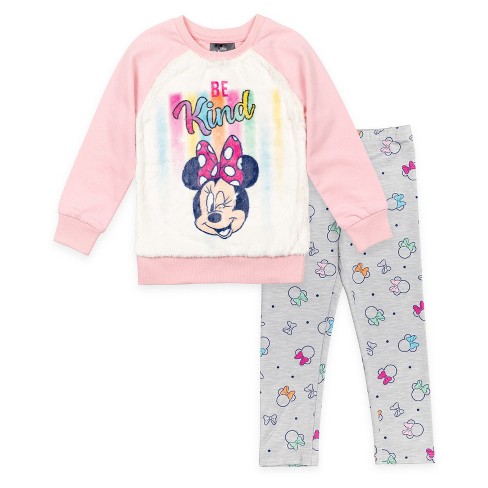 Disney Minnie Mouse Toddler Girls Fur French Terry Sweatshirt Leggings  Outfit Set White/Pink/Gray 3T