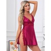 INSPIRE CHIC Women's Satin Lingerie High Split Side Trim Floral Lace Sleep Dress Silky Nightgown Babydoll Chemise Set - 3 of 4
