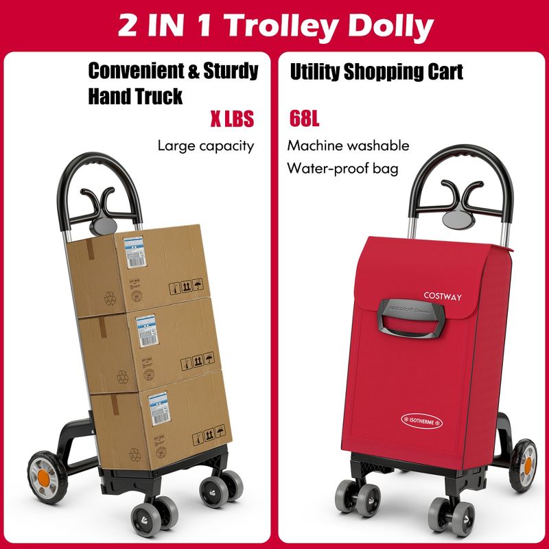 Costway Folding Shopping Cart Utility Hand Truck with Rolling Swivel Wheels, Removable Bag & Cozy Handle, 4 of 10