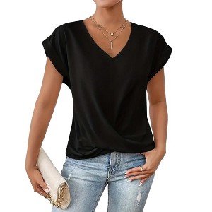 Coolmee Women Summer Casual Shirt Short Sleeve Round Neck T Shirt Front Twist Cap Sleeve Tunic Tops Loose Fitted Shirt - 1 of 2