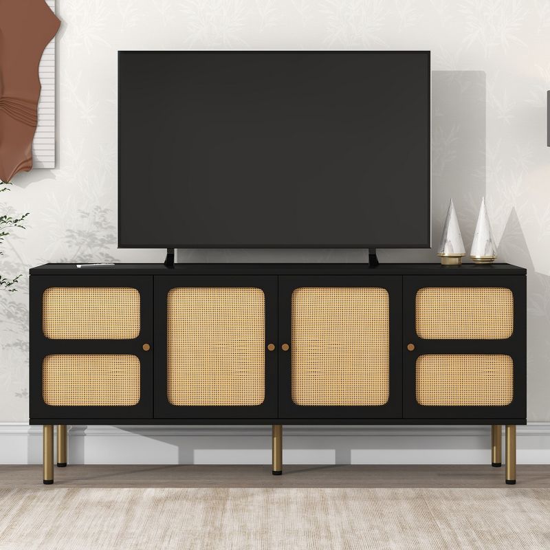64.9" TV Stand with Rattan Doors, Fits TVs Up to 70", Woven Media Console Table with Gold Metal Base - ModernLuxe, 2 of 13