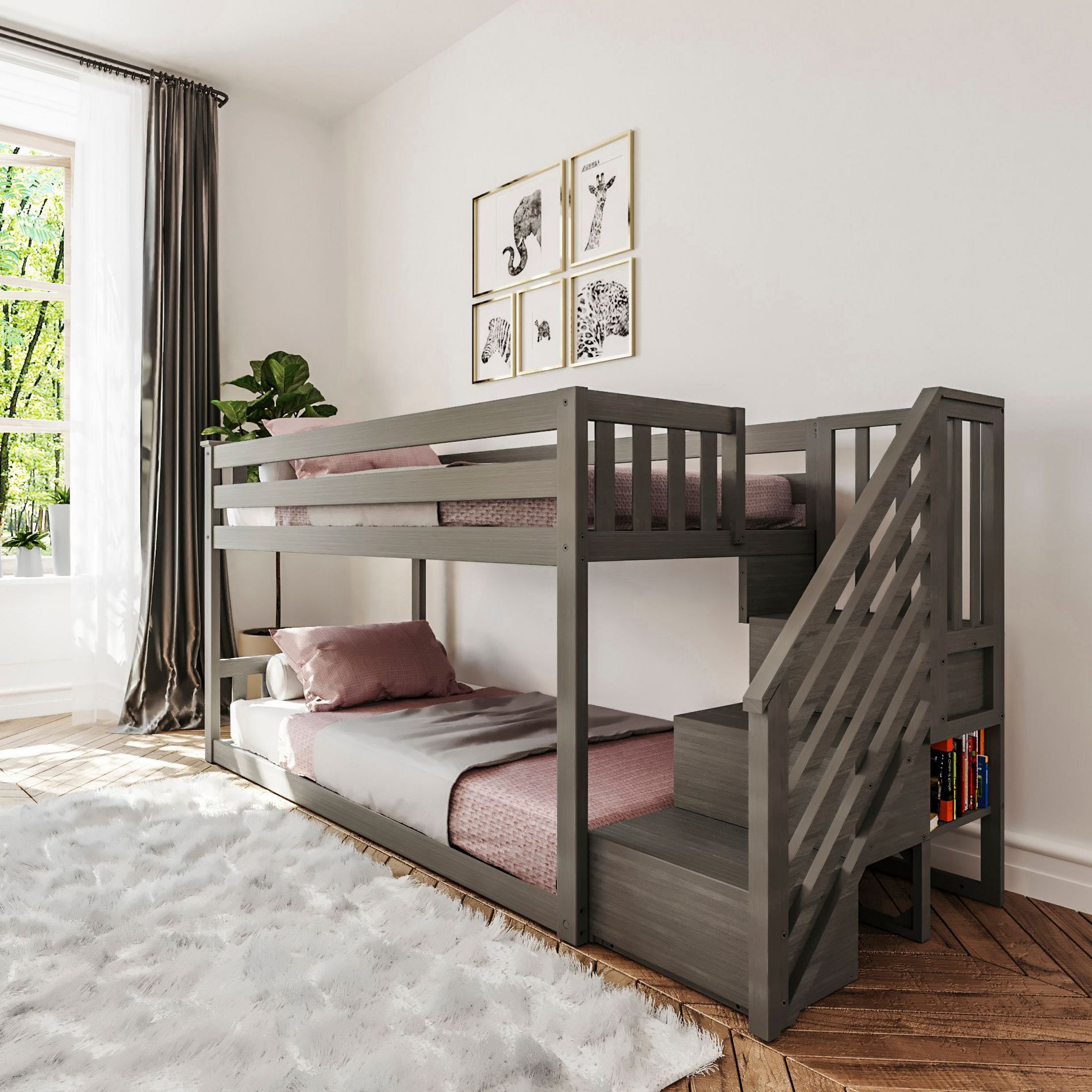 Max & Lily Solid Wood Twin over Twin Low Bunk Bed for Kids with Staircase, Clay
