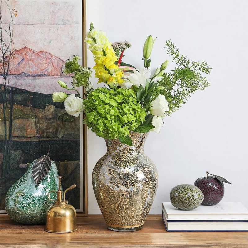 WHOLE HOUSEWARES | Mosaic Glass Vase | 10.5" Home Décor Centerpiece | Elegant Glass Flower Vase for Living Room (Gold), 4 of 7