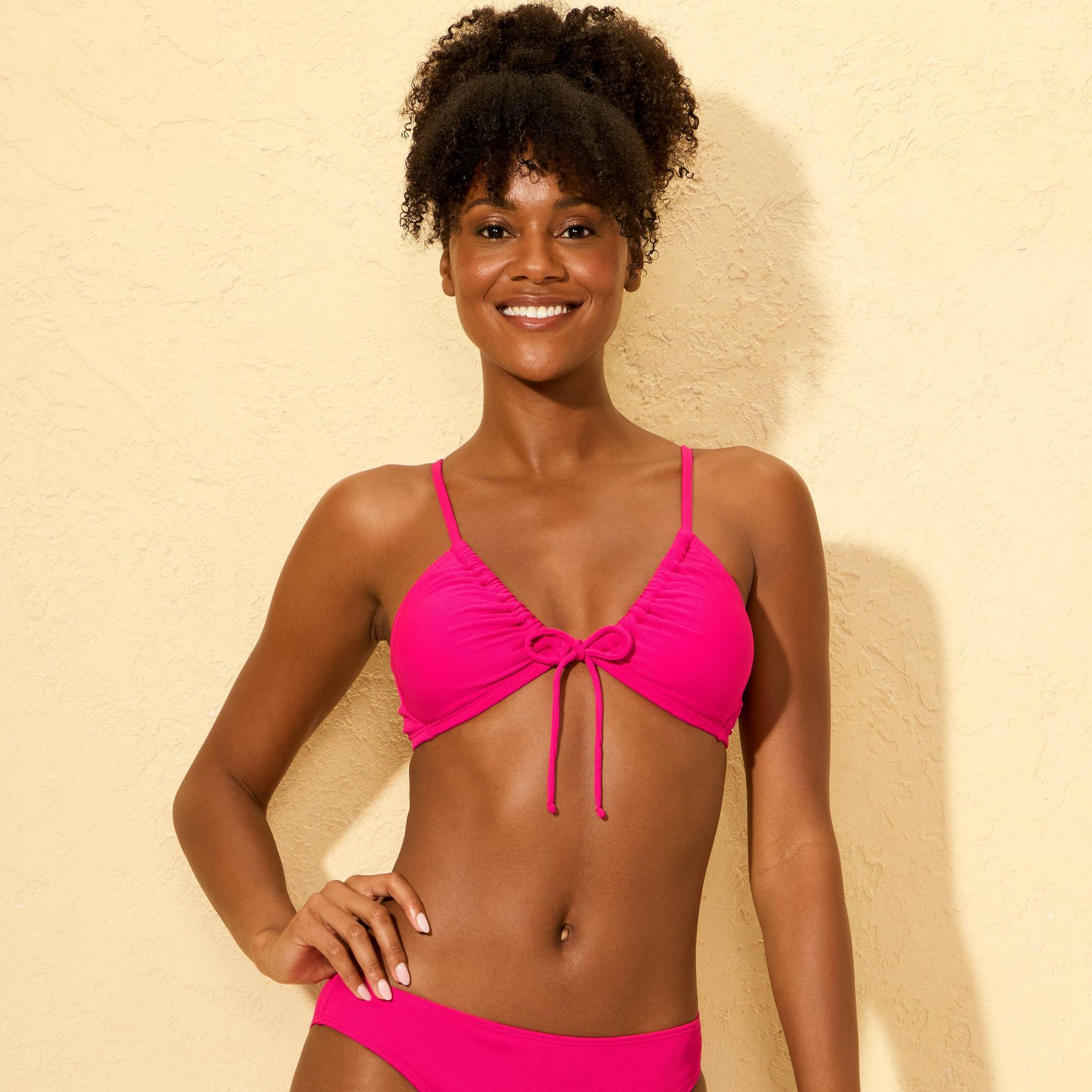 Women's Ribbed Tie-Front Bralette Bikini Top - Shade & Shore™ Pink M