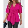 Women's Elegant V Neck Peplum Tops Tie Front Short Bell Sleeve Casual Shirts Half Sleeve Slim Business Work Shirt - 3 of 4