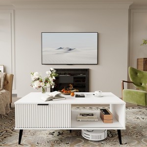 41.34" Wooden Coffee Table with Storage Cabinet, Two-Tier Design, Wave-Style Sliding Doors - 1 of 4