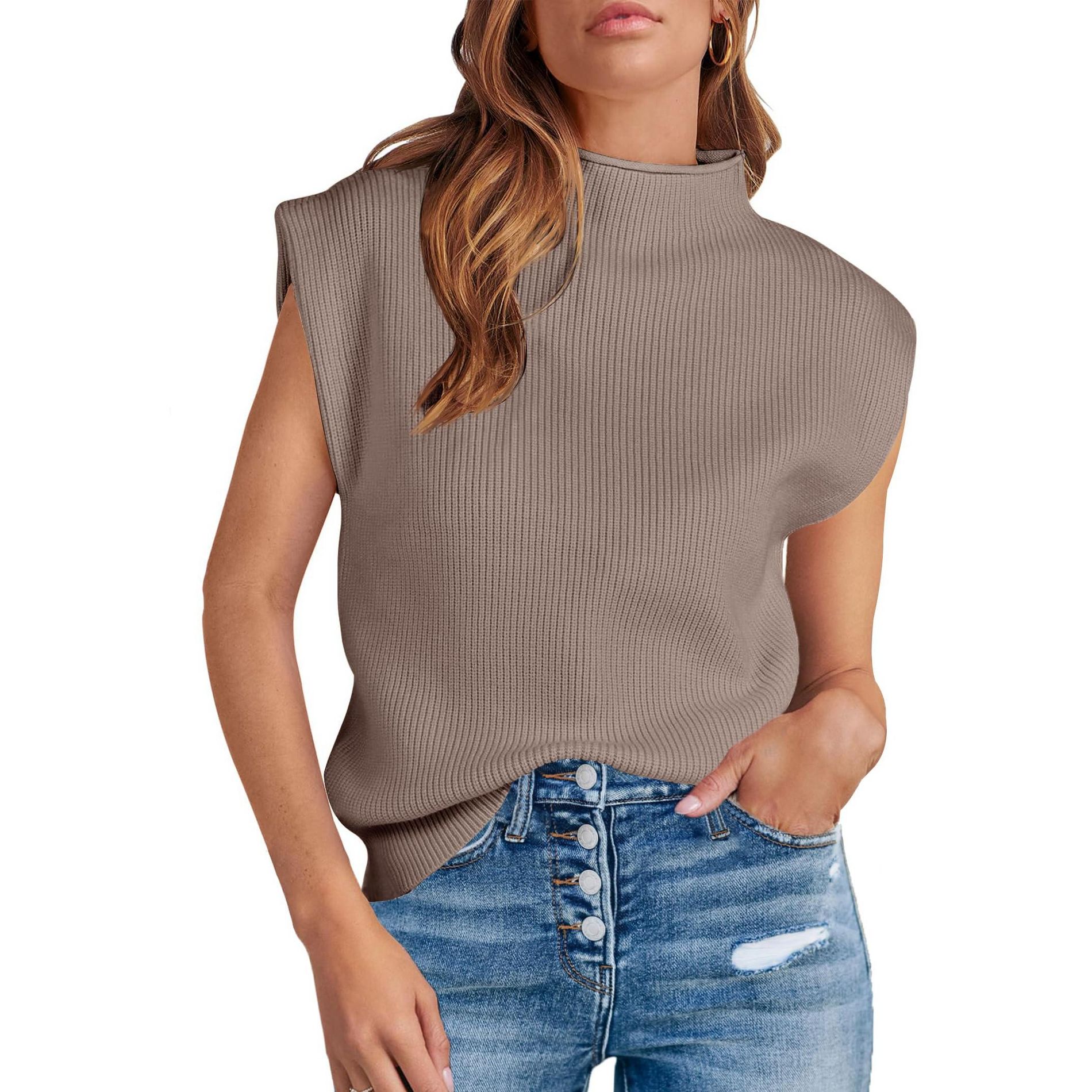 Women's Mock Neck Sleeveless Sweater Vest Casual Solid Cap Sleeve Knit Pullover Tank Tops