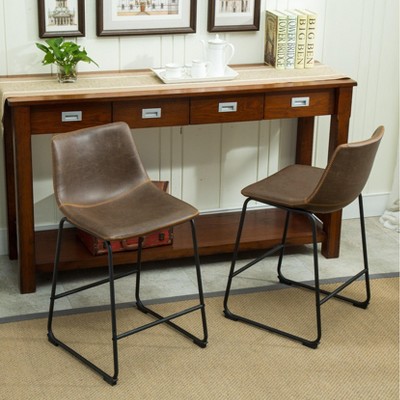 Antique Brown Leather and Metal Counter Height Stools, Set of 2
