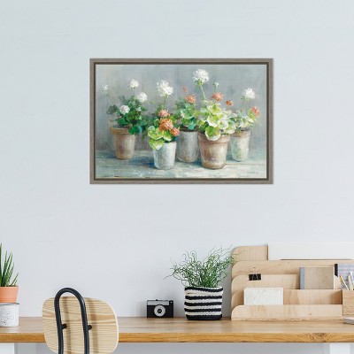 Farmhouse Geraniums in Vases Canvas Wall Art with Grey Frame