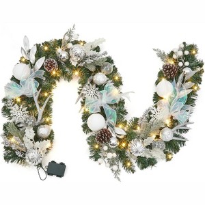 CuisinSmart 6ft Lighted Christmas Garland, Artificial Rattan Flower Snowflake Xmas Garland Decorations, White + Silver - 1 of 4