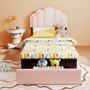 Ridstar 39.4 in. W Twin Size Velvet Fabric Platform Kids Bed with Petal ...