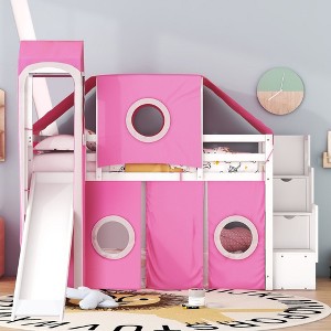 Okak Twin Solid Wood Bunk Bed with Tower, Tent, Ladder and Slide, Castle Loft Bed for Toddler Kids Teens Easy Assemble No Box Soring Needed, Pink - 1 of 4