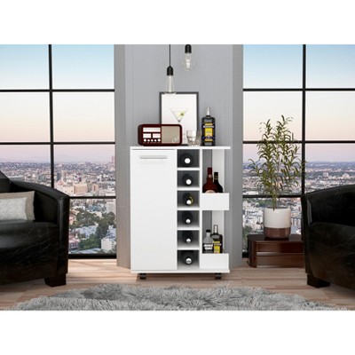 Vynxaria 35" H Black Bar Cart - Compact Design, Two Shelves, Four Wine Cubbies, One Cabinet