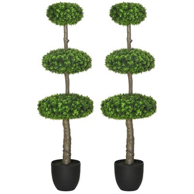 Set of 2 Green Plastic Boxwood Topiary Trees in Black Pots
