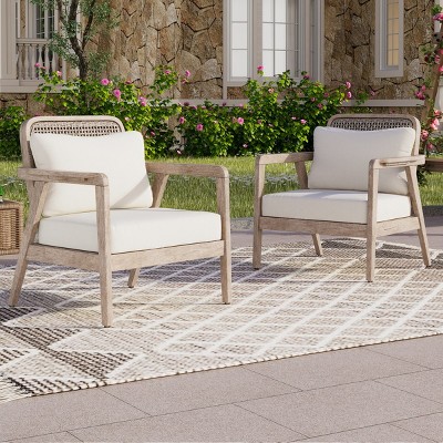 Modern Acacia Wood Club Chairs,Cream Fabric Cushion Patio Club Chair,Double Sided Woven Backrest Solid Acacia Wood Garden Chair-Coolbibila