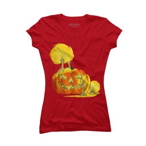 Junior's Design By Humans Halloween Pumpkin with Candle and Evil Smile By wubbadub T-Shirt - 1 of 2