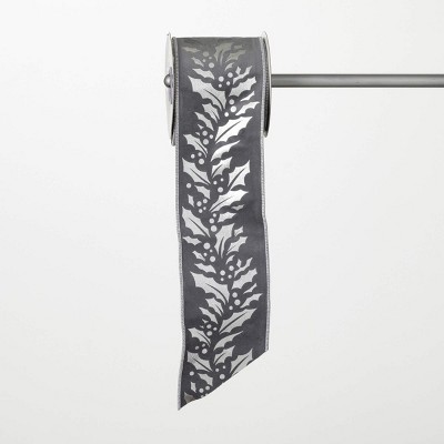 15'L Sullivans Christmas Silver Black Holly Ribbon, Silver