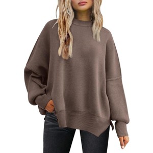 Women's Oversized Batwing Sweaters Fall Outfits Crewneck Knit Side Slit Fashion Pullover Tops - 1 of 4