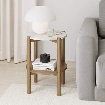 Tucker Solid Wood and Faux Marble Round Side Table Brushed Light Brown/Matte White Marble - Nathan James
