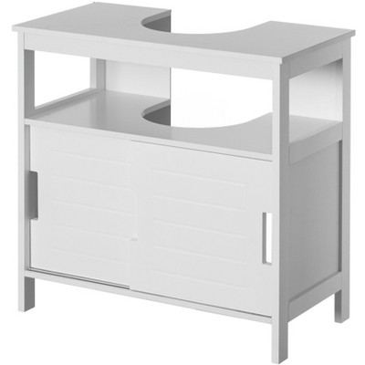 Basicwise White Vanity Sink Base 2 Door Cabinet Storage U Shape Organizer, Rolling Doors, and Open Shelf