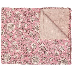 50" X 70" Pink And Blush Floral Cotton Quilted Kantha Throw Blanket with Embroidery - 1 of 4