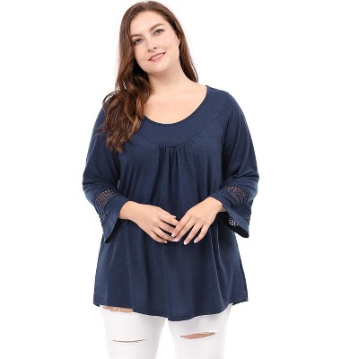 Agnes Orinda Women's Plus Size Plain Cut-Out Gathered Patchwork Long Sleeve T-Shirt