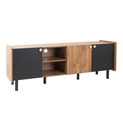 NicBex TV Stands for 70 inch TV,Mid-Century Modern Entertainment Center with 3 Cabinets,TV Console for Living Room, Bedroom, Home,Black+Brown