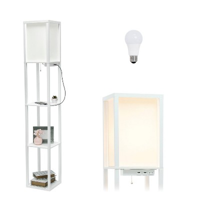 Floor Lamp Etagere Organizer Storage Shelf with 2 USB Charging Ports and Linen Shade - Simple Designs
