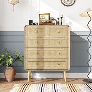 Famapy Dresser 5-Drawer Chest with Rattan Inserts,Mixed-Size Smooth Drawers,Gold Knobs,Side Table,Bedroom/Closet/Office Storage Cabinet - 1 of 4